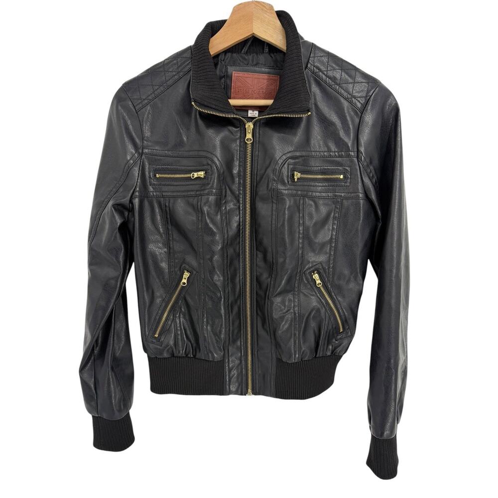 Miss London Black Faux Vegan Leather Moto Zip Biker Bomber Coat Jacket Medium M